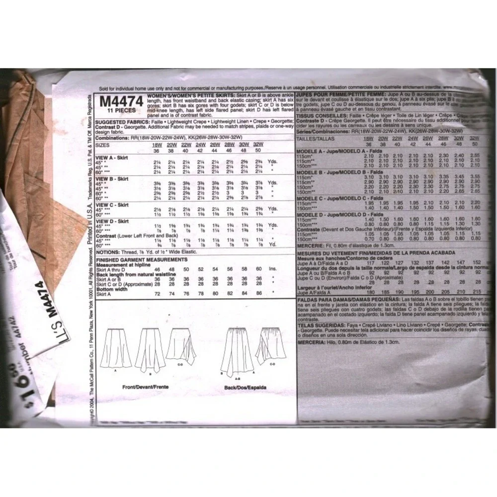 McCall's M4474 Women Plus Size Skirt Sewing Pattern Size 26W-32W cut 6 Looks